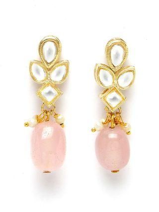 Gold Plated Pink Tumble and Pearl Studded Kundan Necklace Set for Women