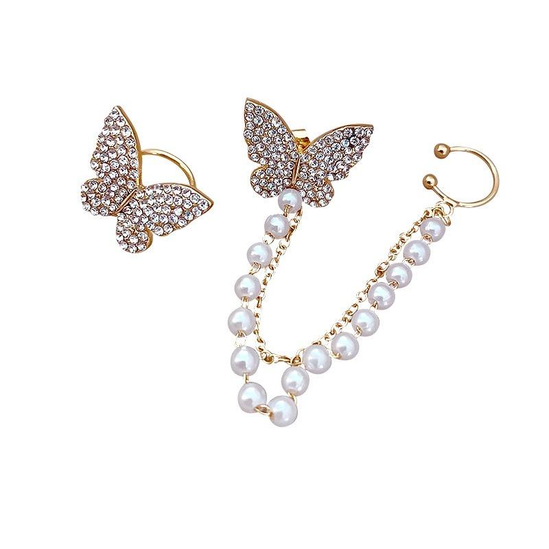 High sense of asymmetric butterfly pearl ear bone clip earrings all-in-one Women super fairy tassel earrings