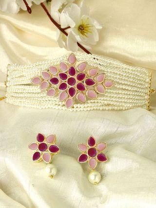 Gold Plated Pearl Beaded Royal Pink and Baby Pink Kundan Stone Choker Necklace Set for Women