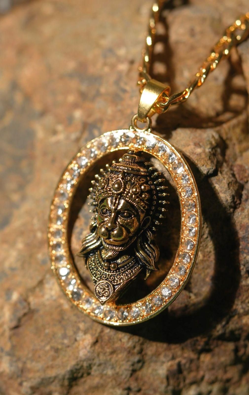 Gold-plated Hanuman Face Diamond Alloy Pendant Locket Set #SpiritualCollection