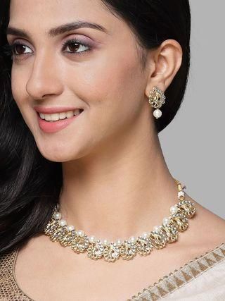 Gold Plated Peacock Design Kundan and Pearl Choker Necklace Set for Women