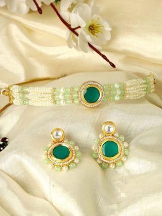 Women Lime Green Beads and Pearl Beaded Green Polki Kundan Choker Necklace Set