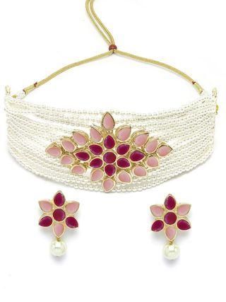 Gold Plated Pearl Beaded Royal Pink and Baby Pink Kundan Stone Choker Necklace Set for Women