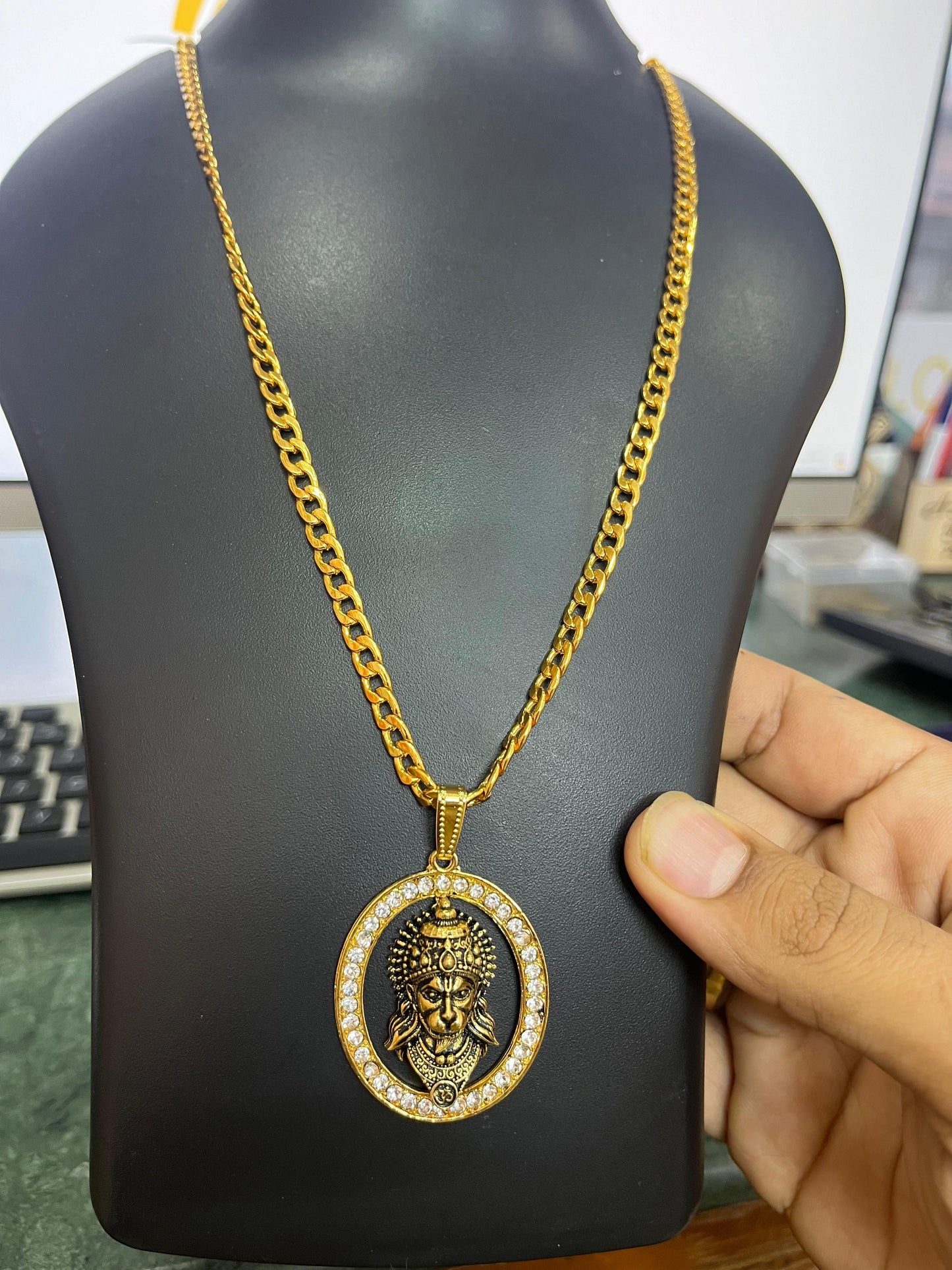 Gold-plated Hanuman Face Diamond Alloy Pendant Locket Set #SpiritualCollection