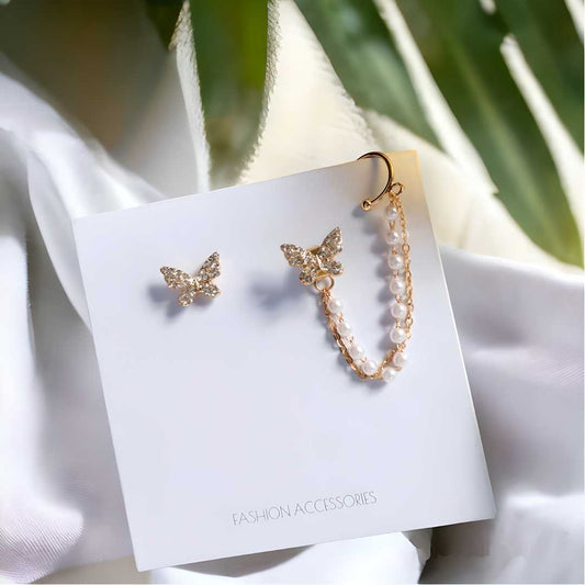 High sense of asymmetric butterfly pearl ear bone clip earrings all-in-one Women super fairy tassel earrings