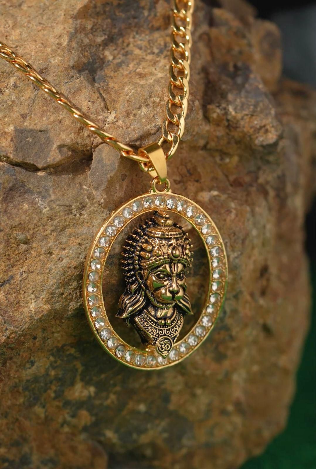 Gold-plated Hanuman Face Diamond Alloy Pendant Locket Set #SpiritualCollection