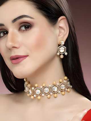 Golden Pearl Studded Polki Kundan Choker Necklace Set for Women