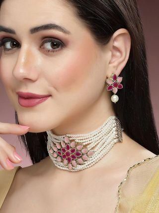 Gold Plated Pearl Beaded Royal Pink and Baby Pink Kundan Stone Choker Necklace Set for Women