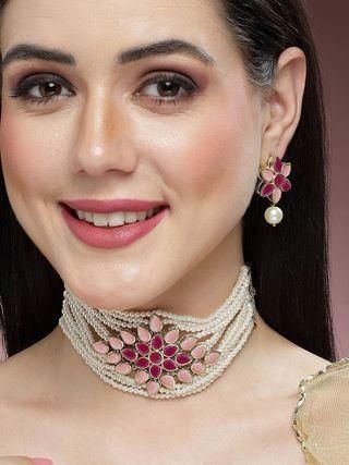 Gold Plated Pearl Beaded Royal Pink and Baby Pink Kundan Stone Choker Necklace Set for Women