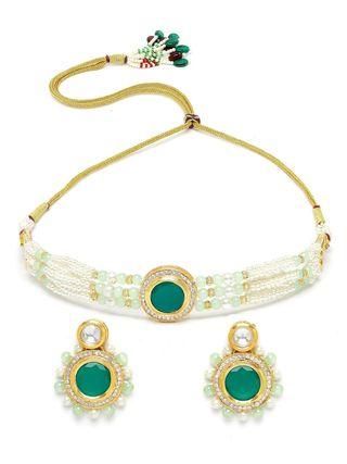 Women Lime Green Beads and Pearl Beaded Green Polki Kundan Choker Necklace Set