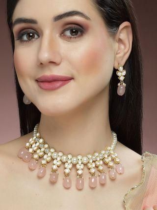 Gold Plated Pink Tumble and Pearl Studded Kundan Necklace Set for Women